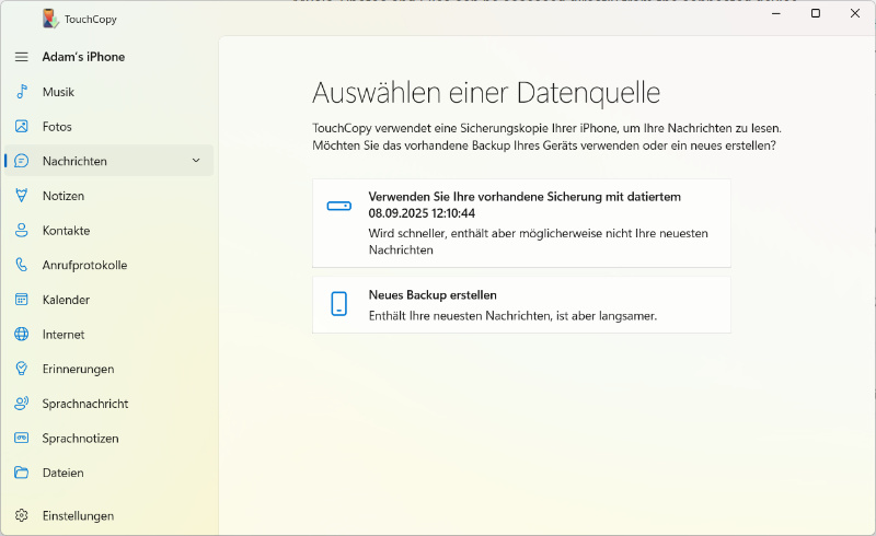 Datenquelle in TouchCopy auswählen