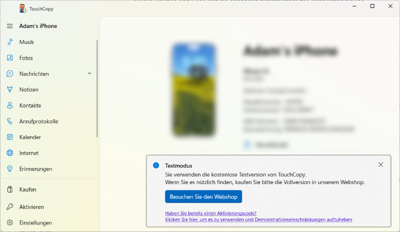 TouchCopy für PC im Demomodus starten