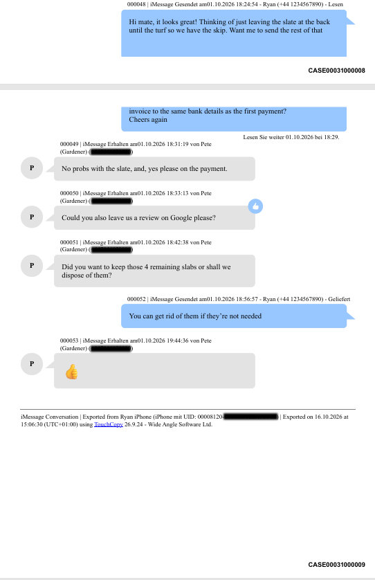 Beispiel eines mit TouchCopy erstellten Ausdrucks von iPhone-Nachrichten mit forensischen Details