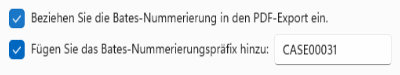 Screenshot der Optionen für Bates-Nummerierung und Präfix