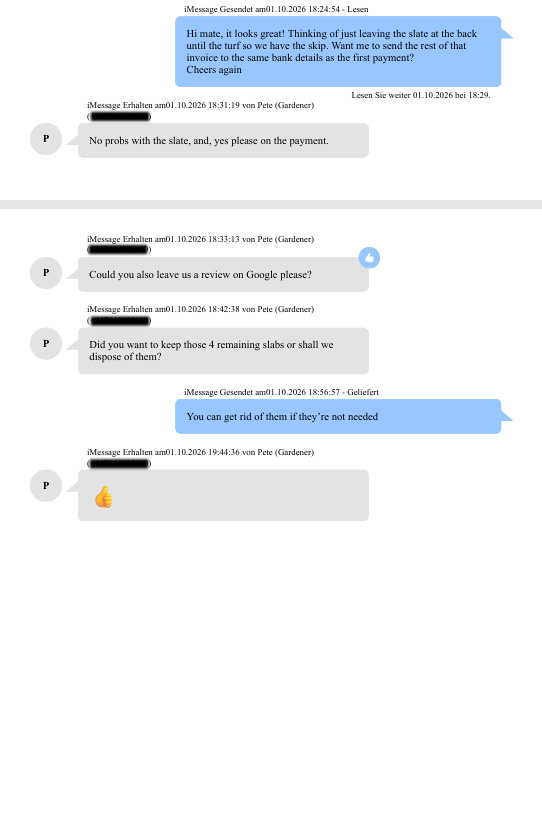 Beispiel eines mit TouchCopy erstellten Ausdrucks von iPhone-Nachrichten ohne forensische Details