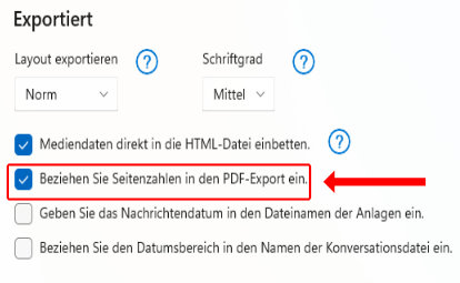 Screenshot der Einstellungen zum Aktivieren der PDF-Seitennummerierung