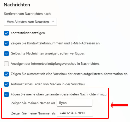 Screenshot der Einstellungen zum Einfügen von Namen und Telefonnummer über gesendeten Nachrichten