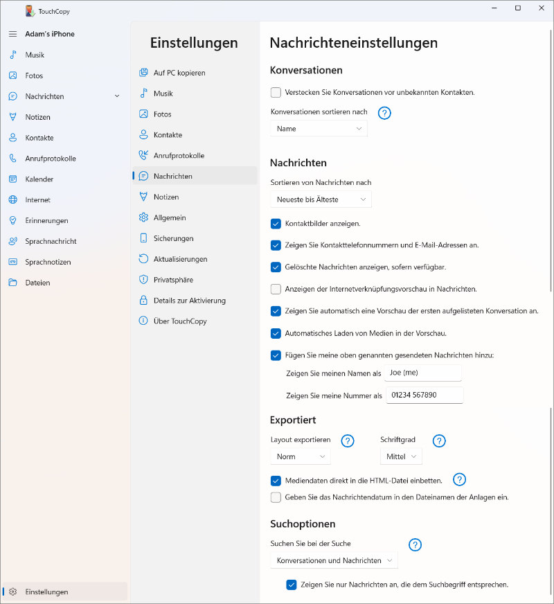 Nachrichten-Optionen in TouchCopy