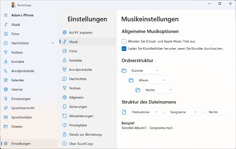 Musik-Optionen in TouchCopy