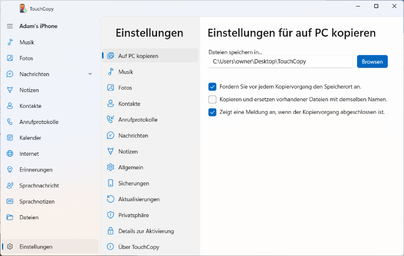 TouchCopy-Optionen