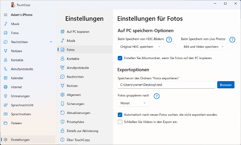 Foto-Optionen in TouchCopy