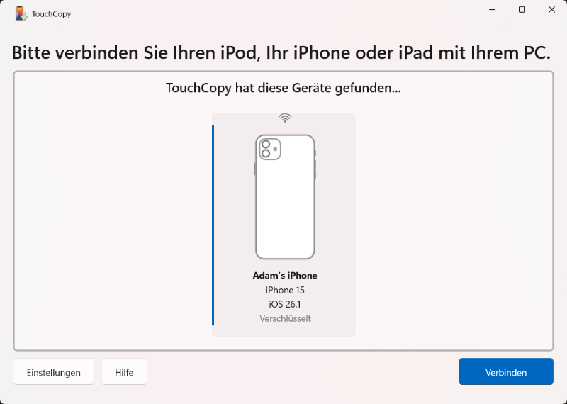 Ein iOS-Gerät über WLAN mit TouchCopy unter Windows verbinden