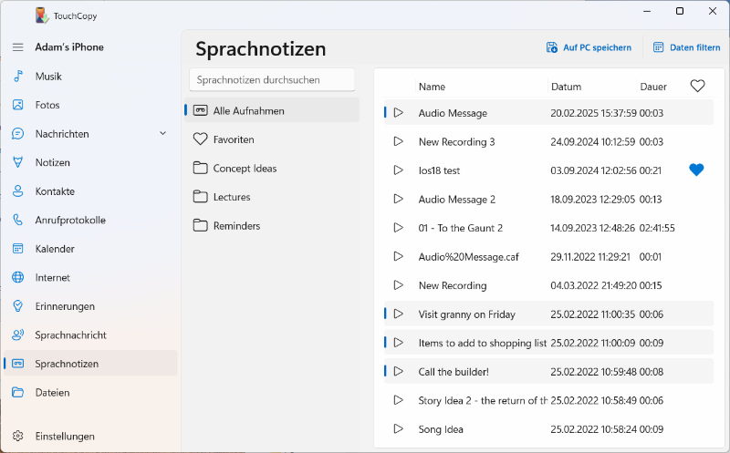Sprachnotizen mit TouchCopy vom iPhone auf den PC übertragen