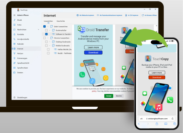 iPhone-Internetverlauf und Lesezeichen mit TouchCopy exportieren