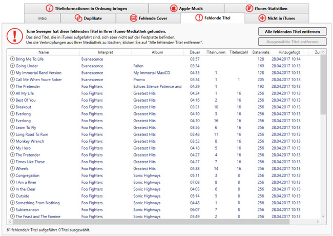 Tune Sweeper wird alle iTunes-Titel, die auf Ihrer Festplatte fehlen, auflisten.