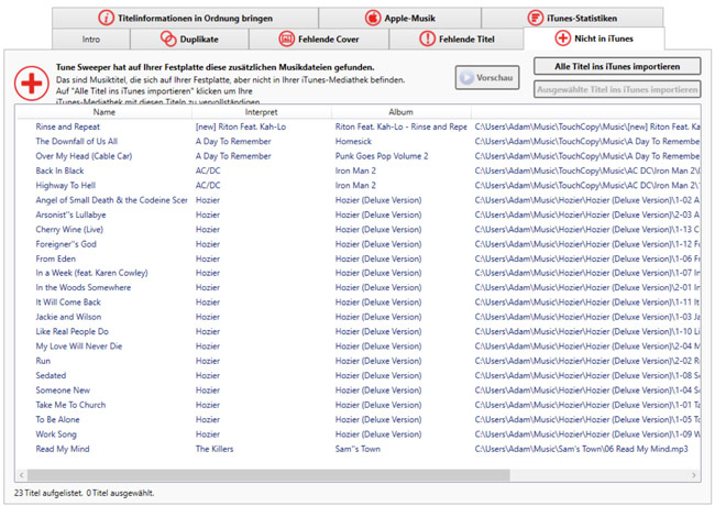 Tune Sweeper listet alle Titel auf, die sich auf Ihrer Festplatte befinden, aber noch nicht in Ihrer iTunes-Mediathek sind.